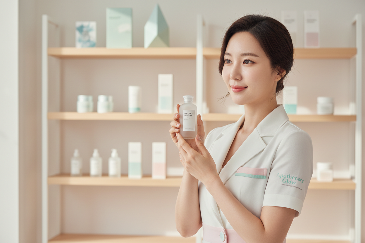 Korean pharmacist-inspired design, clean pharmacy shelves softly blurred in the background, woman with hydrated glowing skin in the foreground, white and pastel tones, medical-trust atmosphere but stylish, premium health & beauty brand aesthetic.